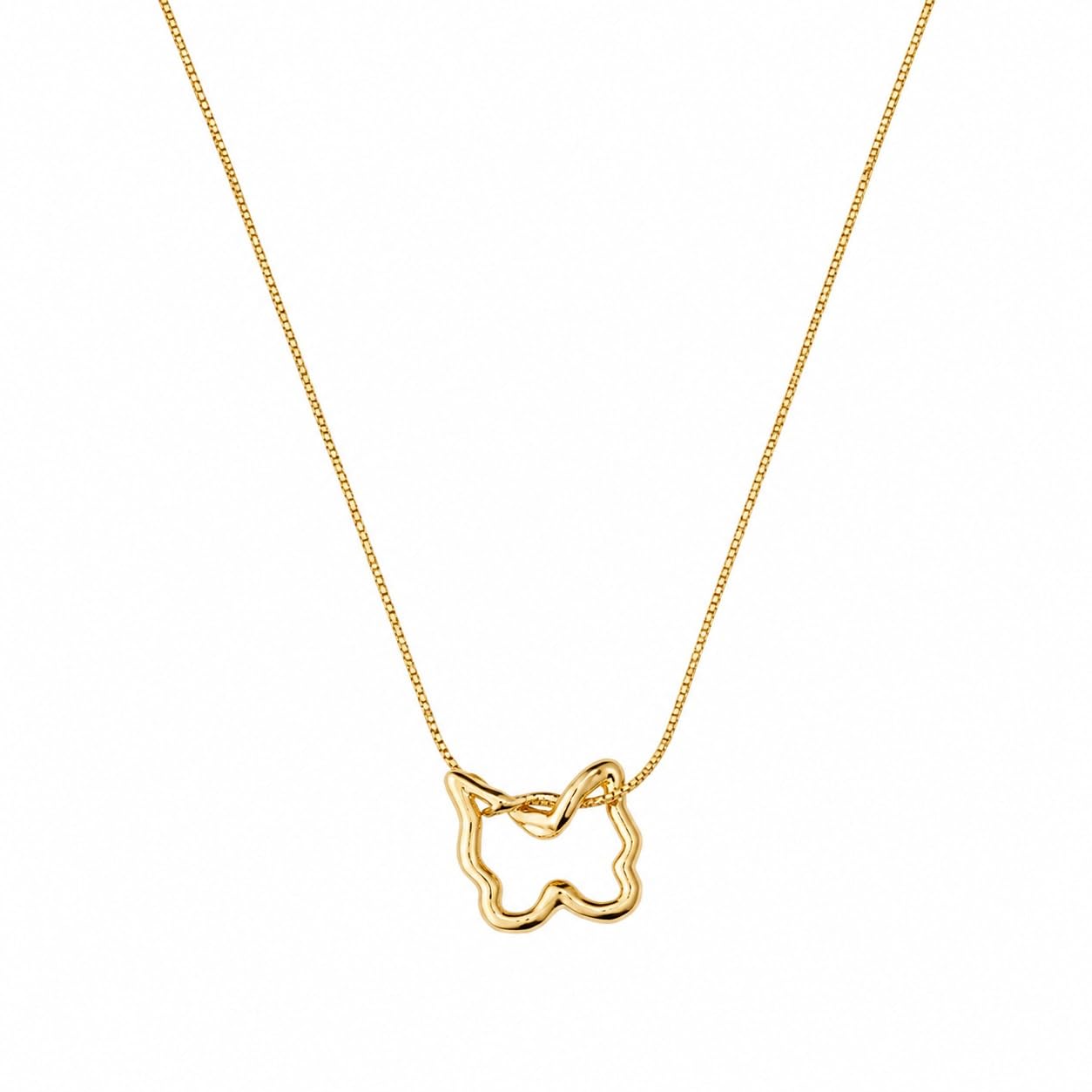 Papillon pendant necklace — an open-outline gold butterfly on a fine box-link chain