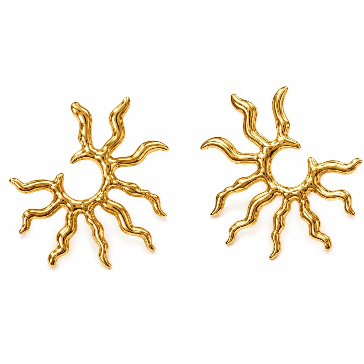 Sunburst studs — a pair of gold earrings with rays radiating from an open centre