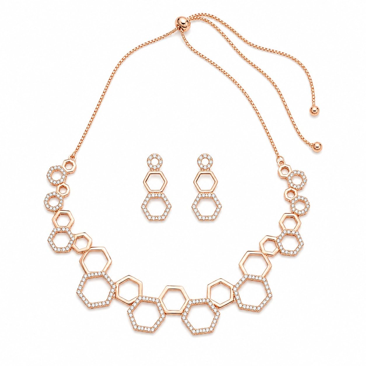 Hexa crystal necklace set — rose gold hexagon necklace with its matching drop earrings