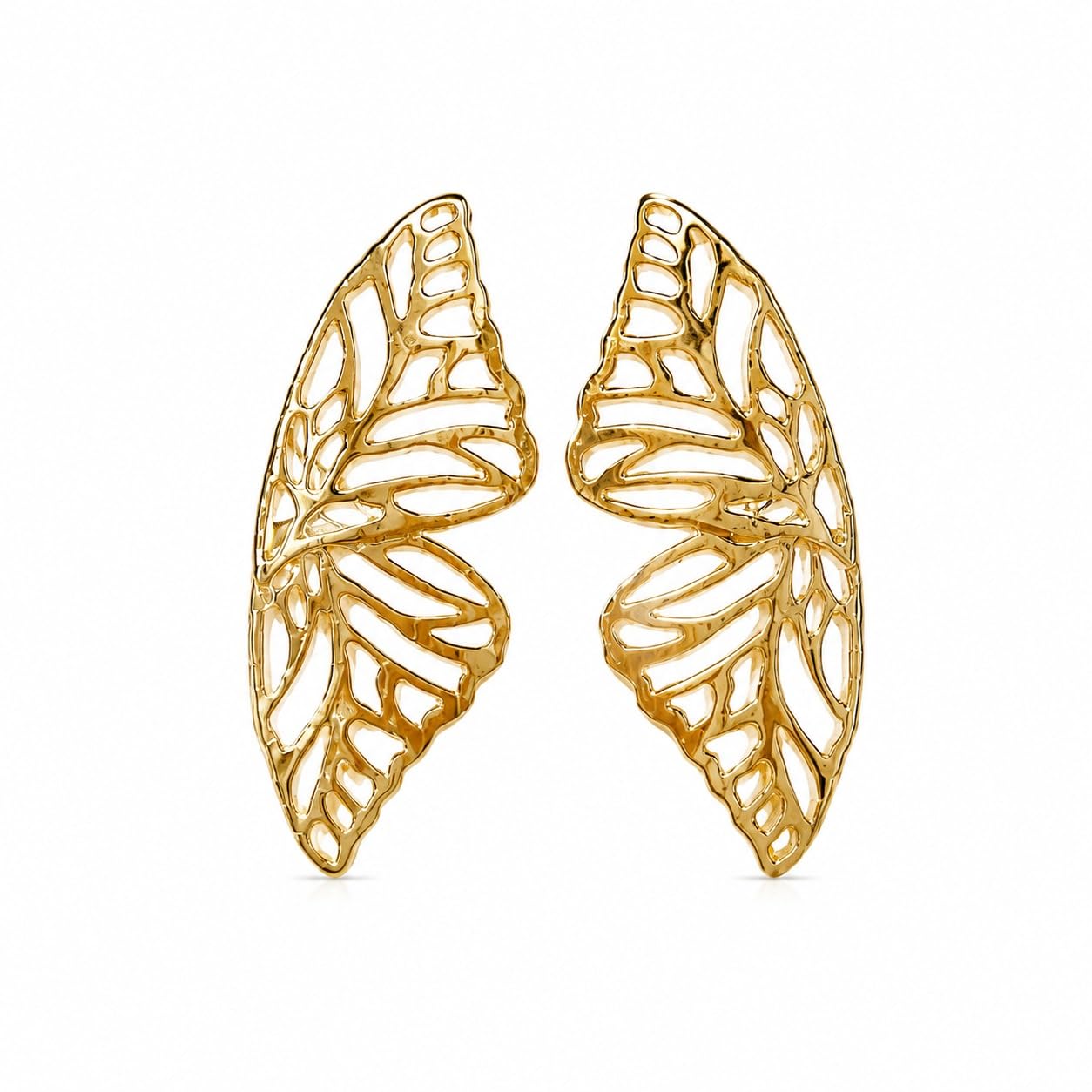 Papillon wing earrings — a pair of gold openwork butterfly wings, shown facing each other