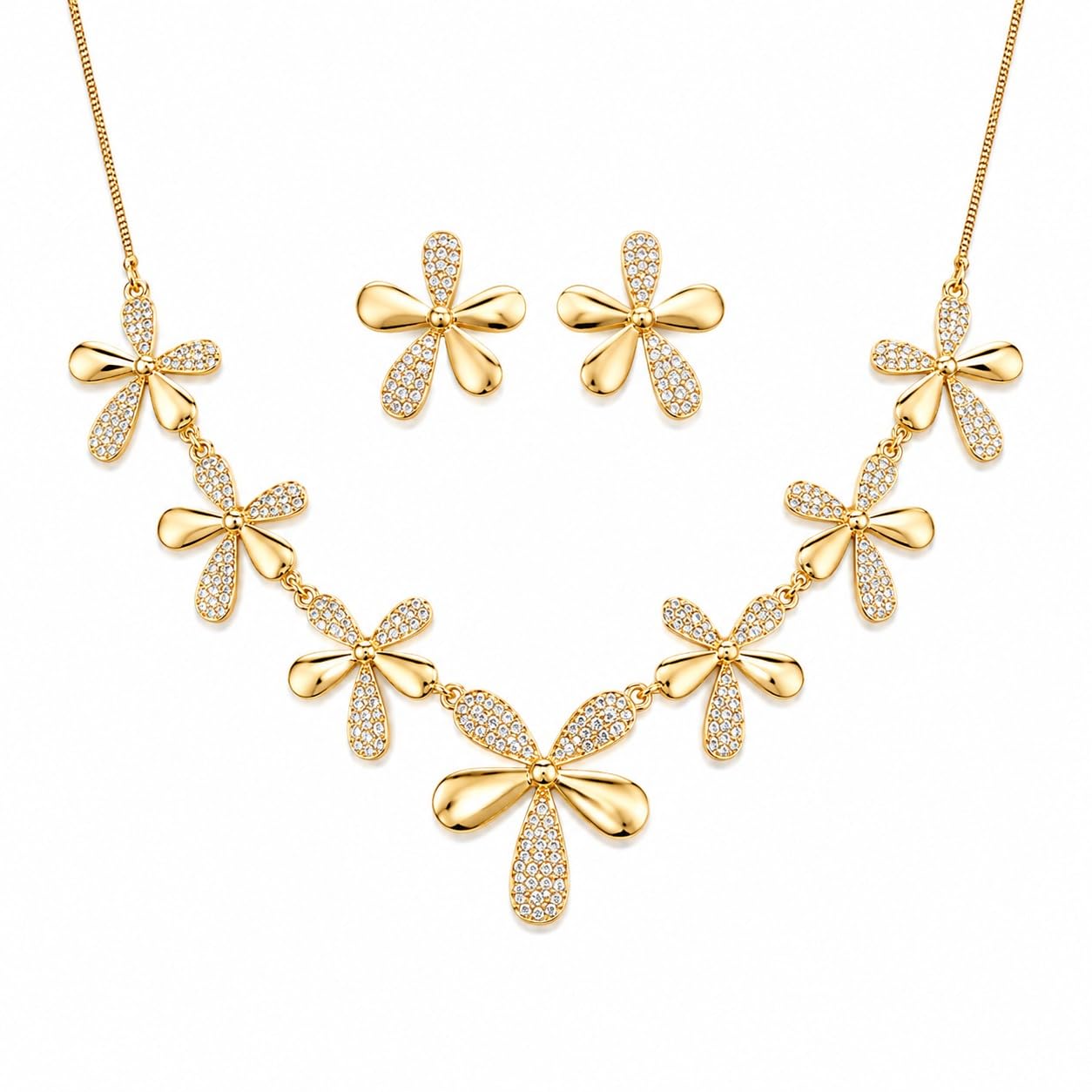 Fleur crystal necklace set — a cluster of crystal-set gold flowers with matching stud earrings