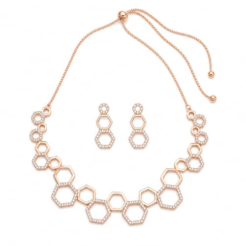 Hexa crystal necklace set laid flat, showing the slider chain and its rose gold finish